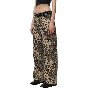 Aelfric Eden Leopard Print Wide Leg Jeans Tan Brown